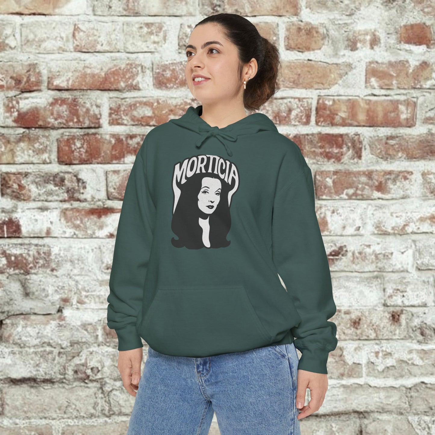 Morticia-Inspired Unisex Garment-Dyed Hoodie, Cozy Graphic Sweatshirt, Spooky Fashion, Halloween Apparel, Unique Gift for Fans