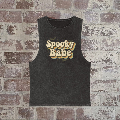 Spooky Babe Stonewash Tank Top, Unisex Halloween Wear, Casual Summer Top, Festival Outfit, Spooky Vibes, Trendy Apparel