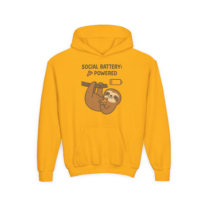 Funny Sloth Hooded Sweatshirt, Youth Hoodie, Cute Gift for Kids, Social Battery Powered Sweatshirt, Fun Apparel for Teens