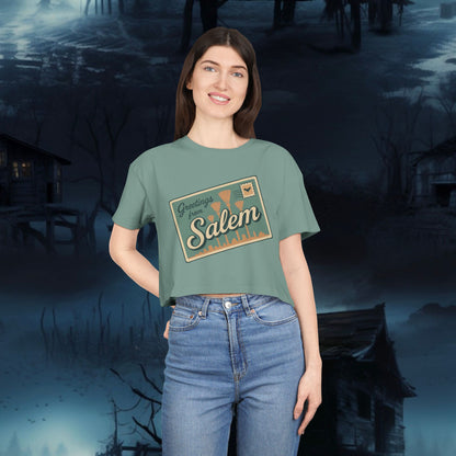 Salem Greetings Women's Crop Tee - Vintage Style Shirt, Casual Summer Top, Travel Souvenir, Halloween Apparel, Gift for Friends