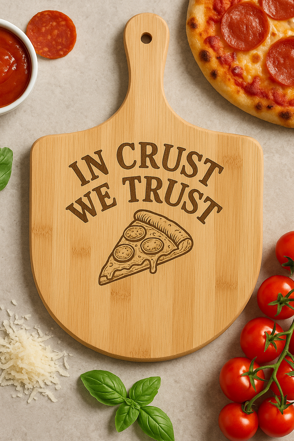 “In Crust We Trust” Bamboo Pizza Board | Engraved Pizza Cutting Board | Kitchen Decor | Gift for Pizza Lovers | Fun Home Entertaining