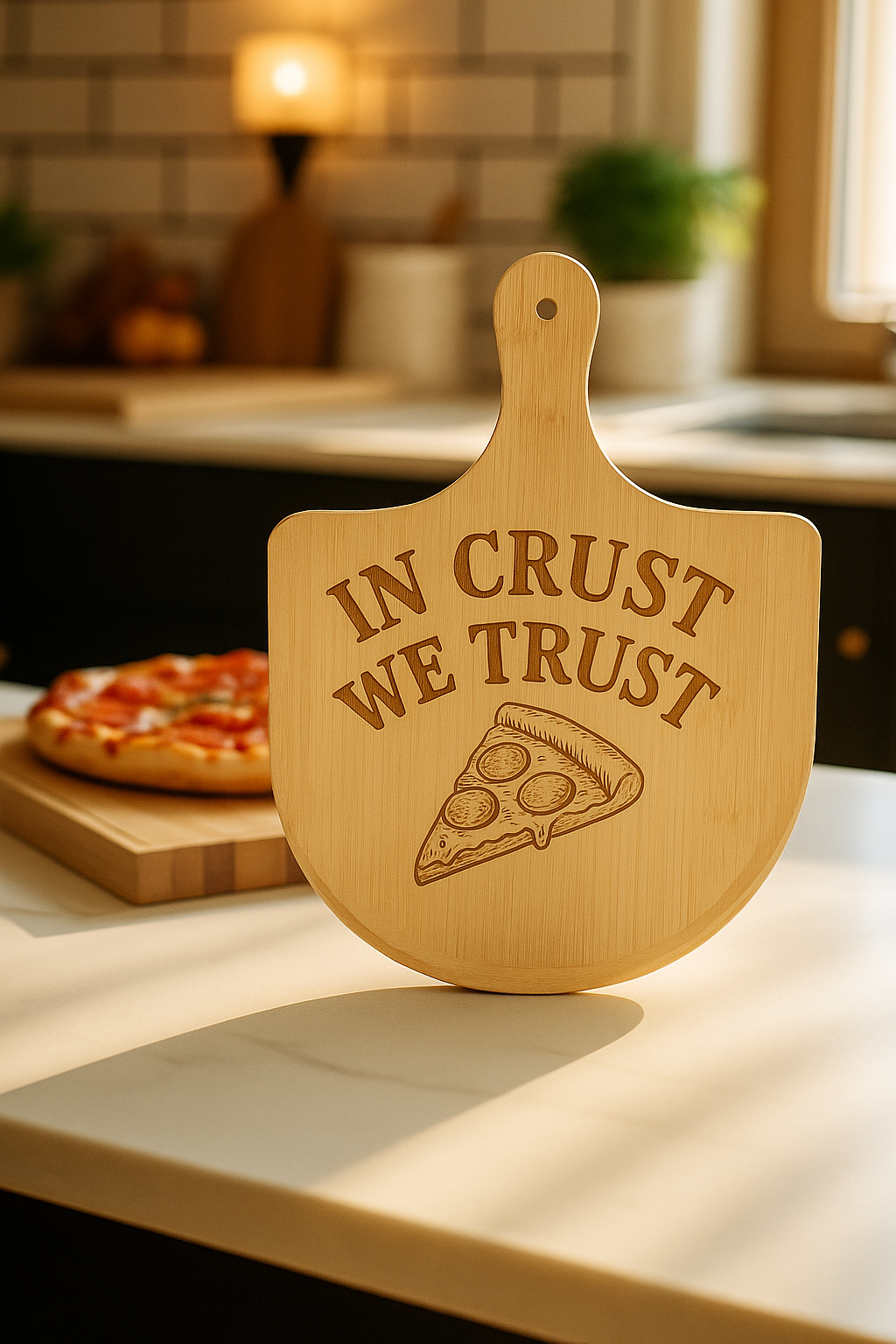 “In Crust We Trust” Bamboo Pizza Board | Engraved Pizza Cutting Board | Kitchen Decor | Gift for Pizza Lovers | Fun Home Entertaining