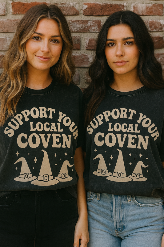 Support Your Local Coven Acid Washed Tee, Cozy Witchy T-Shirt, Halloween Apparel, Spooky Season Shirt, Witchy Vibe Clothing
