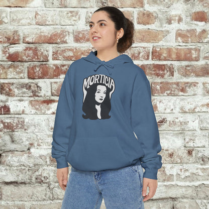 Morticia-Inspired Unisex Garment-Dyed Hoodie, Cozy Graphic Sweatshirt, Spooky Fashion, Halloween Apparel, Unique Gift for Fans