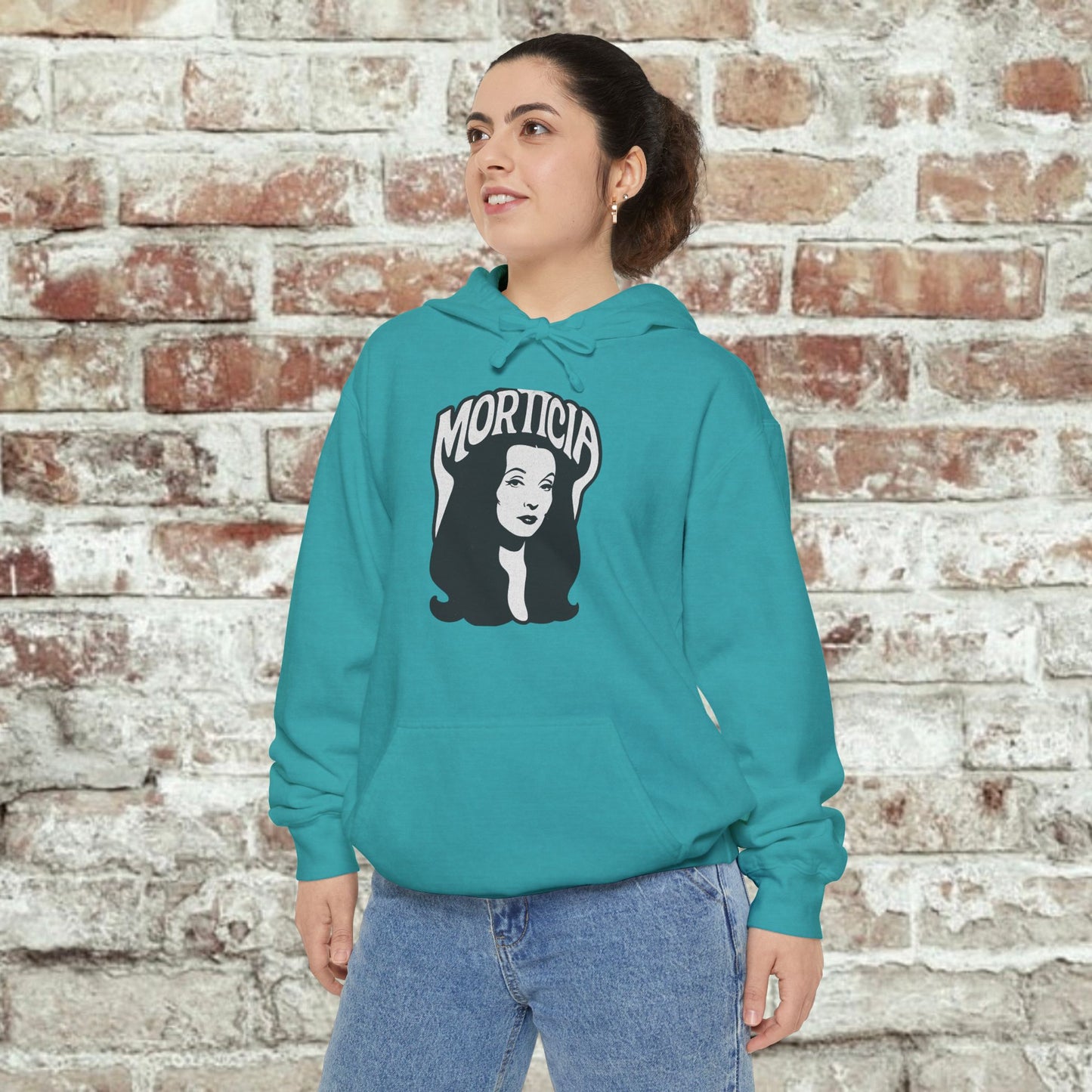 Morticia-Inspired Unisex Garment-Dyed Hoodie, Cozy Graphic Sweatshirt, Spooky Fashion, Halloween Apparel, Unique Gift for Fans