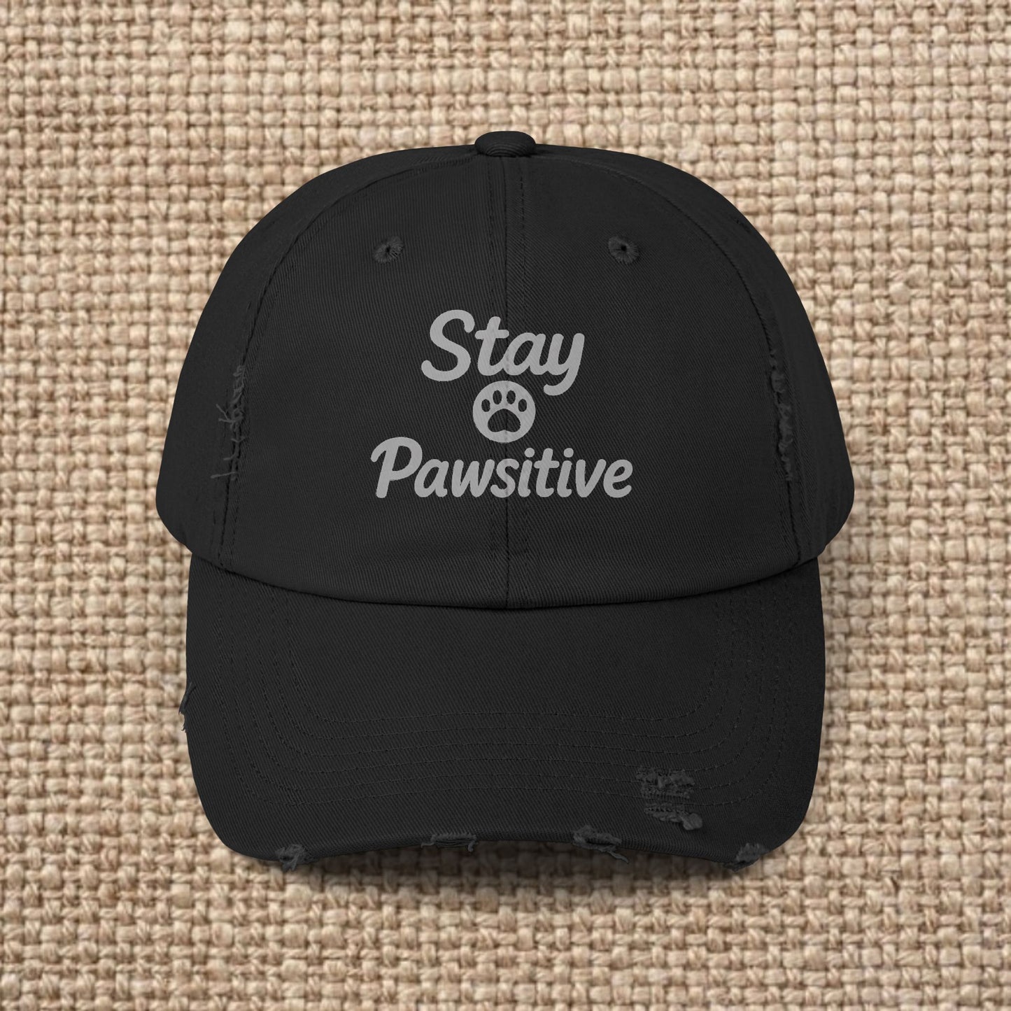 Unisex Distressed Cap with 'Stay Pawsitive' Message