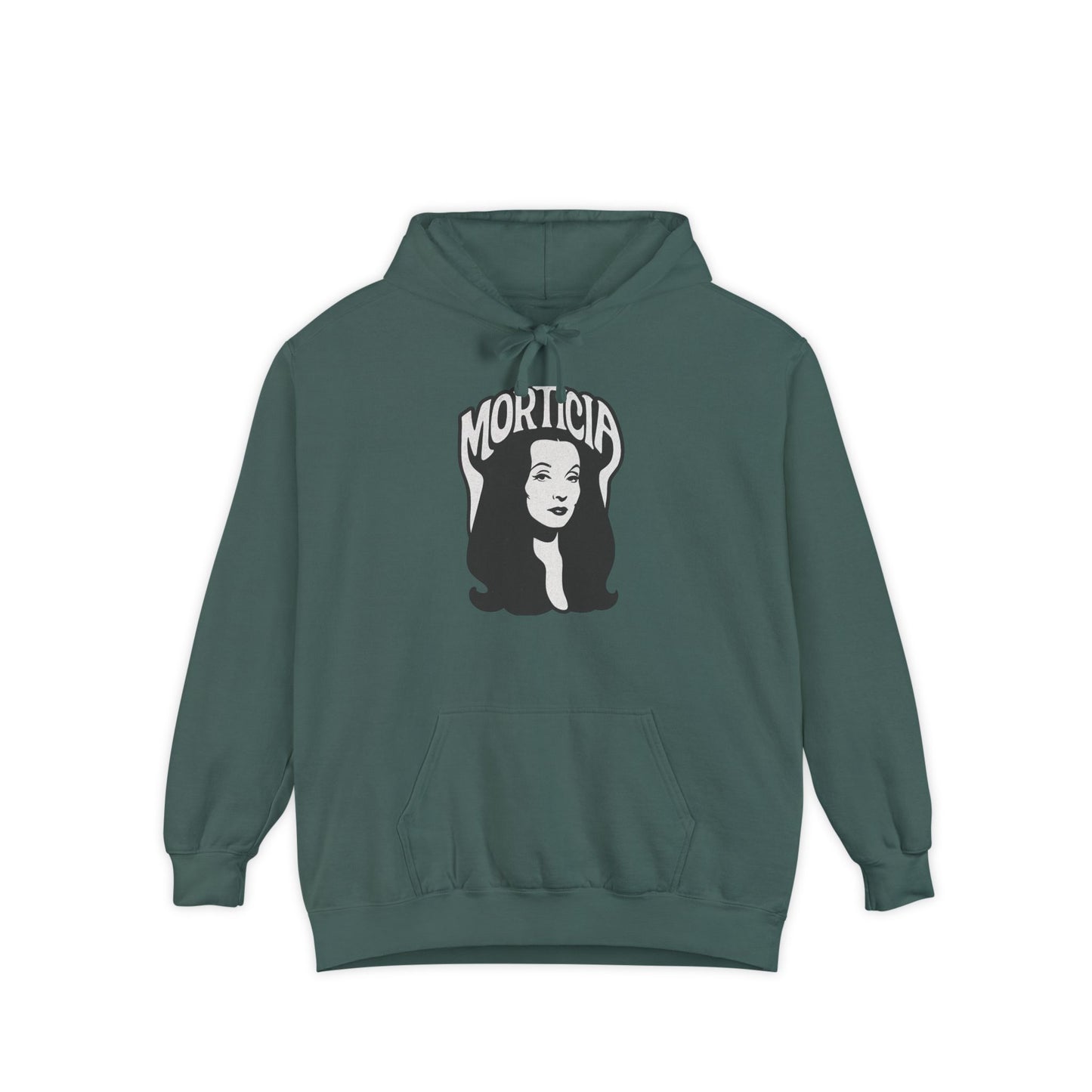 Morticia-Inspired Unisex Garment-Dyed Hoodie, Cozy Graphic Sweatshirt, Spooky Fashion, Halloween Apparel, Unique Gift for Fans