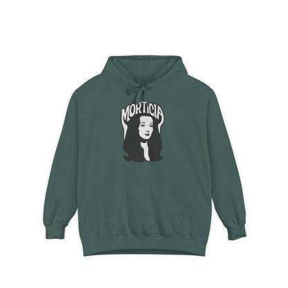 Morticia-Inspired Unisex Garment-Dyed Hoodie, Cozy Graphic Sweatshirt, Spooky Fashion, Halloween Apparel, Unique Gift for Fans