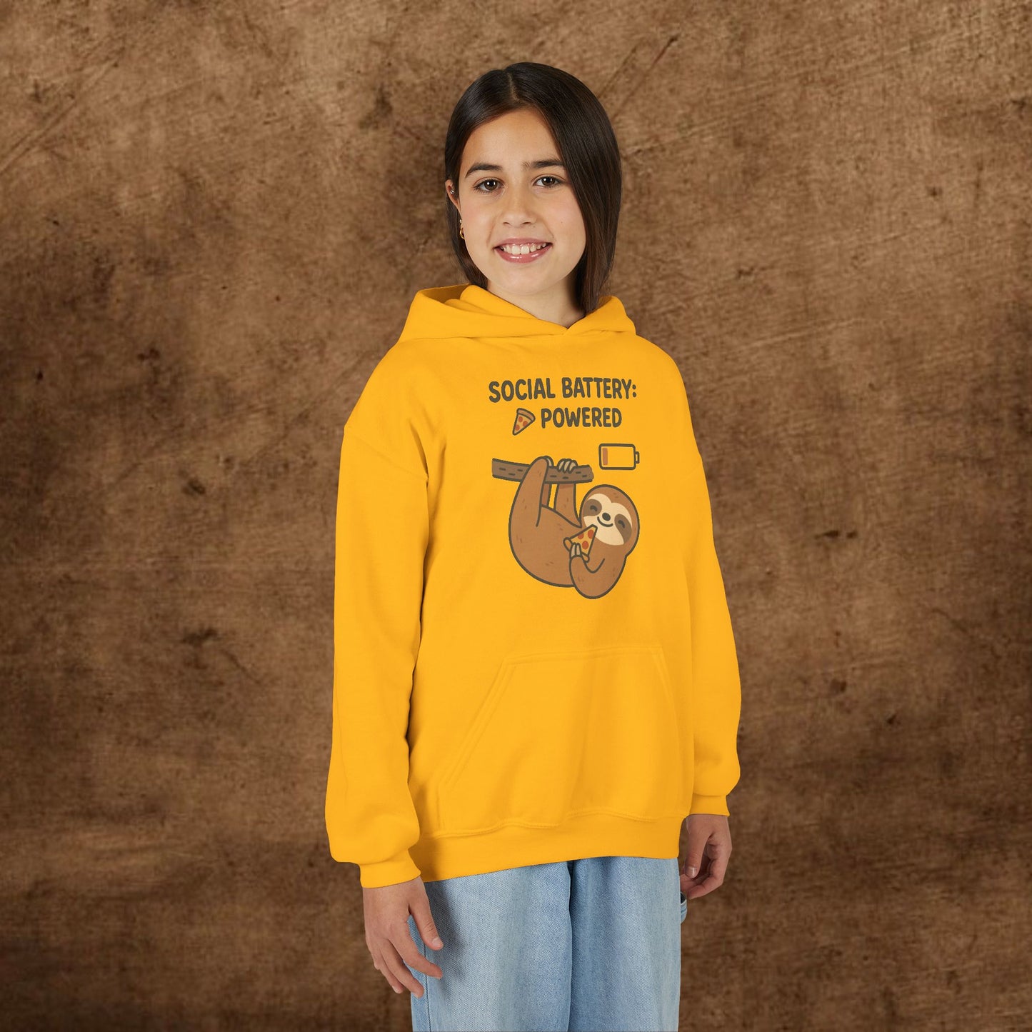 Funny Sloth Hooded Sweatshirt, Youth Hoodie, Cute Gift for Kids, Social Battery Powered Sweatshirt, Fun Apparel for Teens