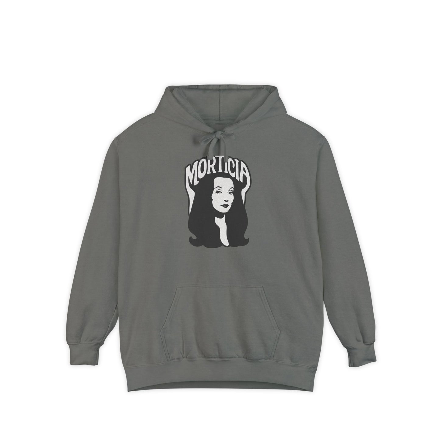 Morticia-Inspired Unisex Garment-Dyed Hoodie, Cozy Graphic Sweatshirt, Spooky Fashion, Halloween Apparel, Unique Gift for Fans