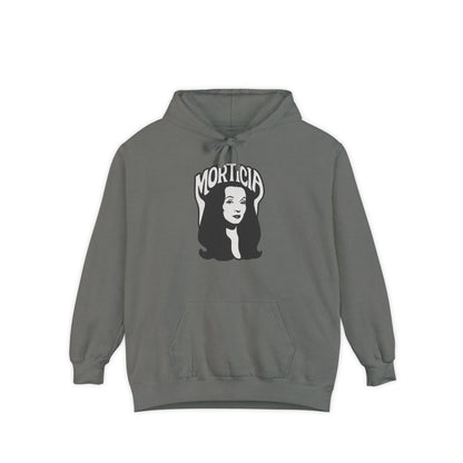 Morticia-Inspired Unisex Garment-Dyed Hoodie, Cozy Graphic Sweatshirt, Spooky Fashion, Halloween Apparel, Unique Gift for Fans