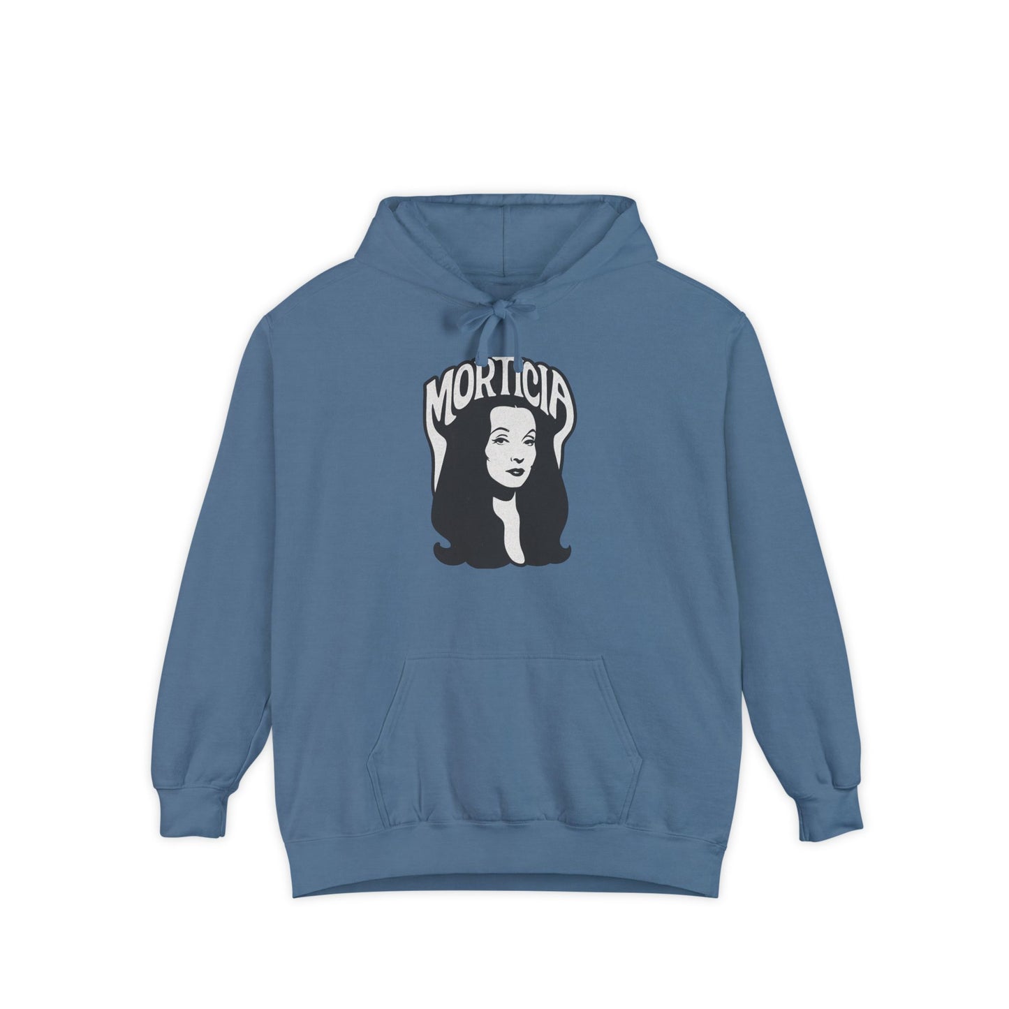 Morticia-Inspired Unisex Garment-Dyed Hoodie, Cozy Graphic Sweatshirt, Spooky Fashion, Halloween Apparel, Unique Gift for Fans