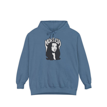 Morticia-Inspired Unisex Garment-Dyed Hoodie, Cozy Graphic Sweatshirt, Spooky Fashion, Halloween Apparel, Unique Gift for Fans