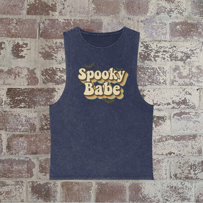 Spooky Babe Stonewash Tank Top, Unisex Halloween Wear, Casual Summer Top, Festival Outfit, Spooky Vibes, Trendy Apparel