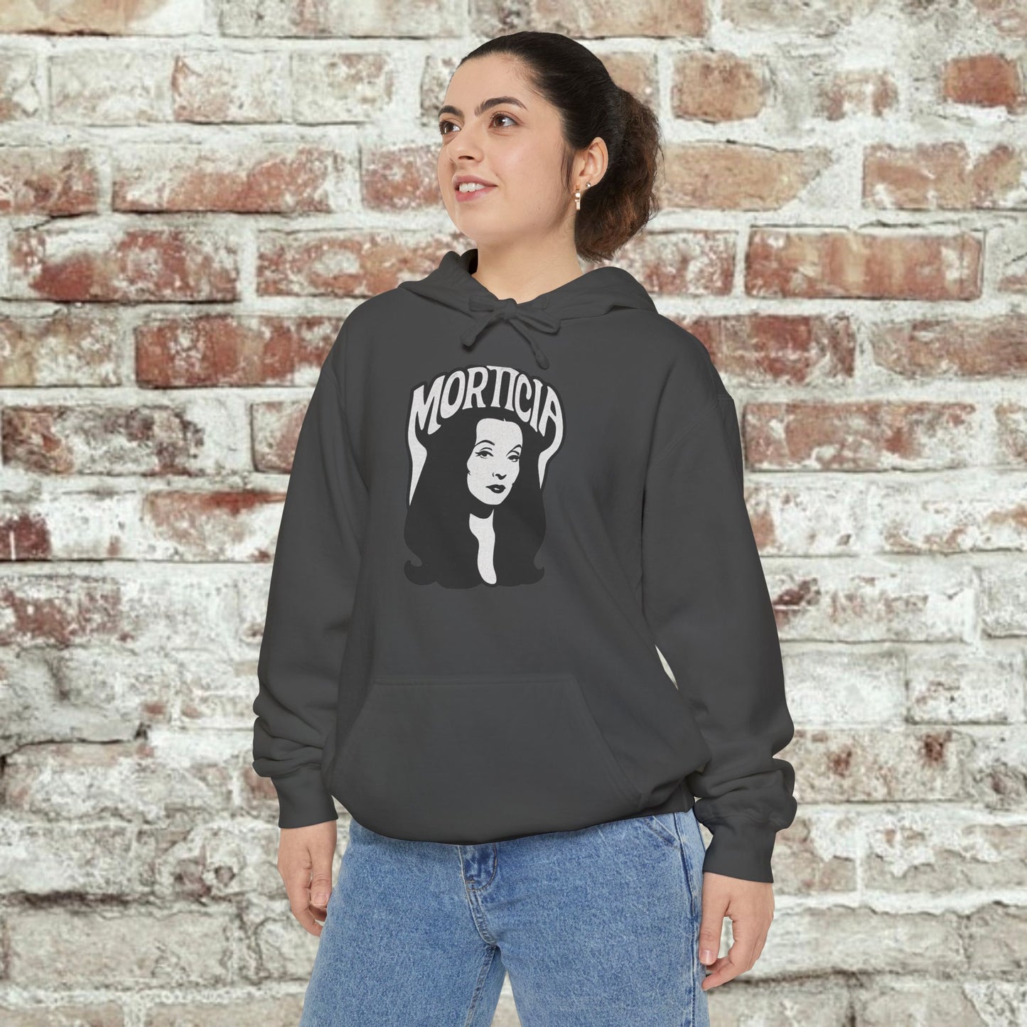 Morticia-Inspired Unisex Garment-Dyed Hoodie, Cozy Graphic Sweatshirt, Spooky Fashion, Halloween Apparel, Unique Gift for Fans