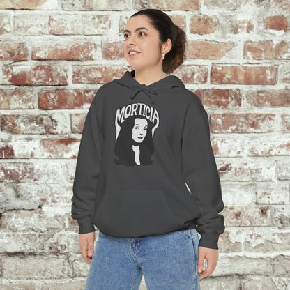 Morticia-Inspired Unisex Garment-Dyed Hoodie, Cozy Graphic Sweatshirt, Spooky Fashion, Halloween Apparel, Unique Gift for Fans