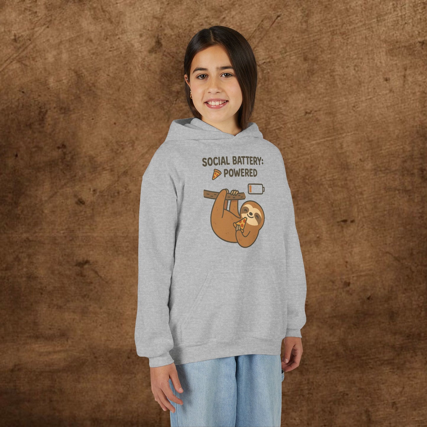 Funny Sloth Hooded Sweatshirt, Youth Hoodie, Cute Gift for Kids, Social Battery Powered Sweatshirt, Fun Apparel for Teens