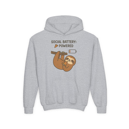 Funny Sloth Hooded Sweatshirt, Youth Hoodie, Cute Gift for Kids, Social Battery Powered Sweatshirt, Fun Apparel for Teens
