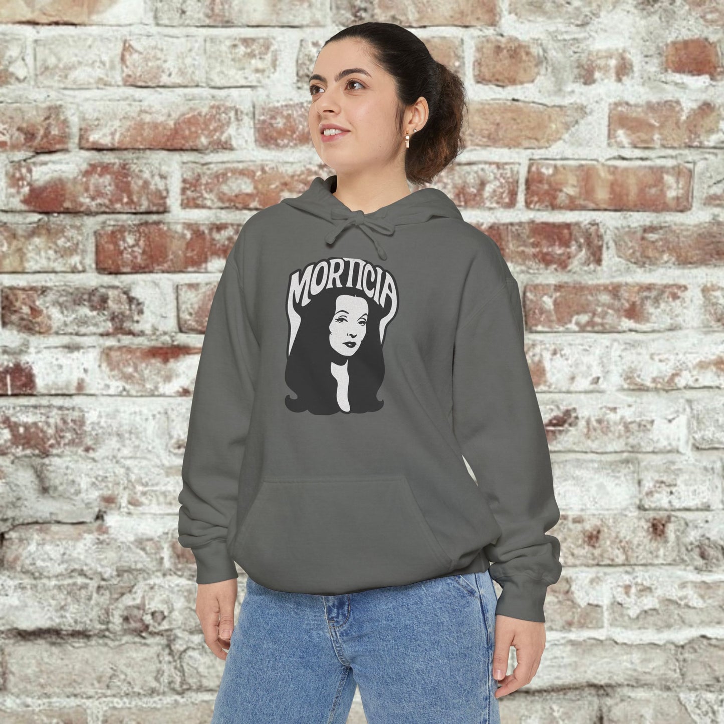Morticia-Inspired Unisex Garment-Dyed Hoodie, Cozy Graphic Sweatshirt, Spooky Fashion, Halloween Apparel, Unique Gift for Fans