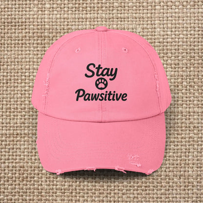 Unisex Distressed Cap with 'Stay Pawsitive' Message