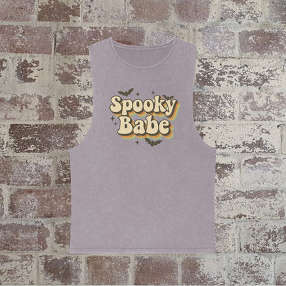 Spooky Babe Stonewash Tank Top, Unisex Halloween Wear, Casual Summer Top, Festival Outfit, Spooky Vibes, Trendy Apparel