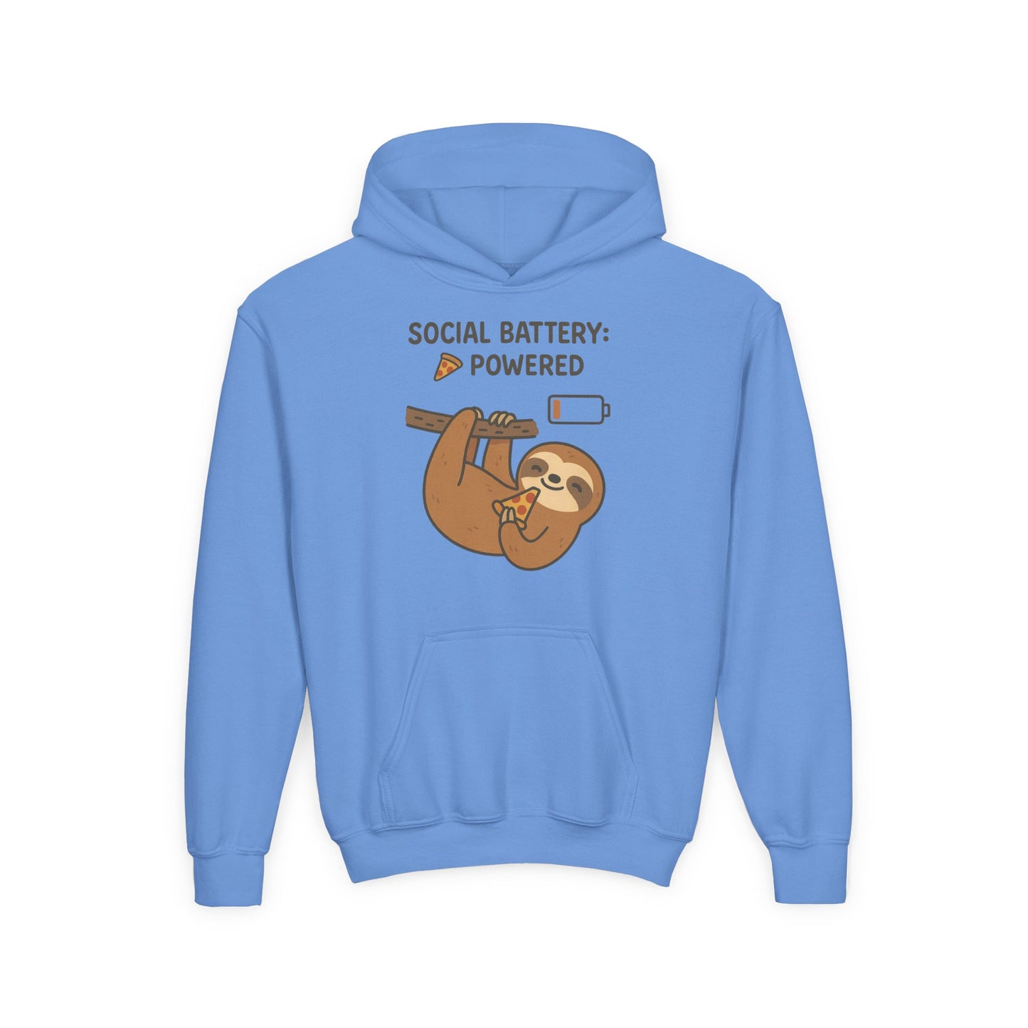 Funny Sloth Hooded Sweatshirt, Youth Hoodie, Cute Gift for Kids, Social Battery Powered Sweatshirt, Fun Apparel for Teens