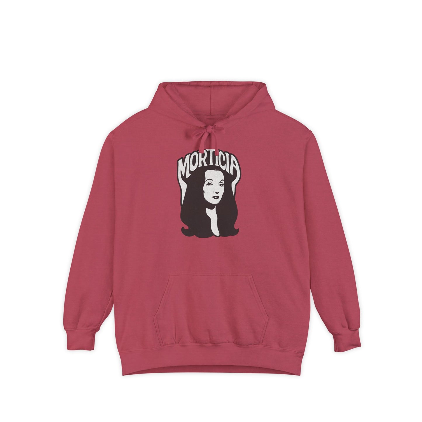 Morticia-Inspired Unisex Garment-Dyed Hoodie, Cozy Graphic Sweatshirt, Spooky Fashion, Halloween Apparel, Unique Gift for Fans