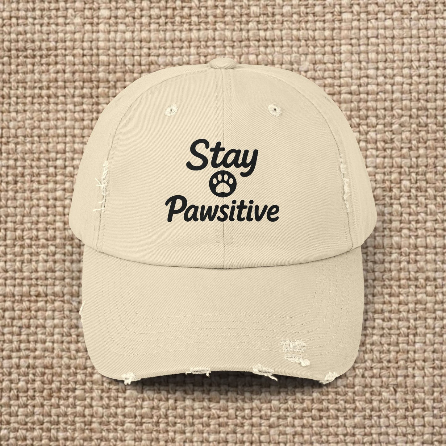 Unisex Distressed Cap with 'Stay Pawsitive' Message