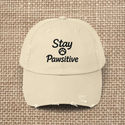Unisex Distressed Cap with 'Stay Pawsitive' Message