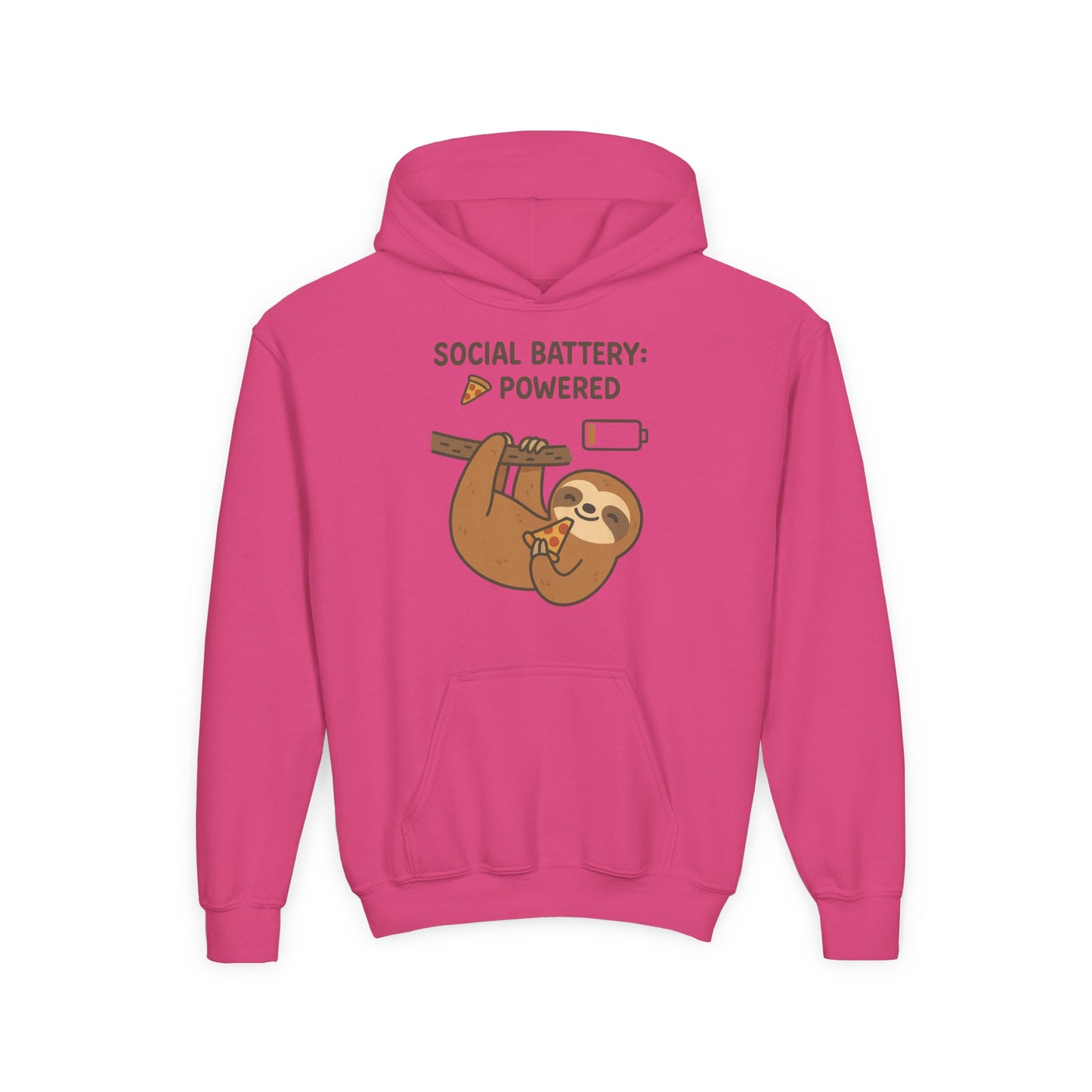 Funny Sloth Hooded Sweatshirt, Youth Hoodie, Cute Gift for Kids, Social Battery Powered Sweatshirt, Fun Apparel for Teens