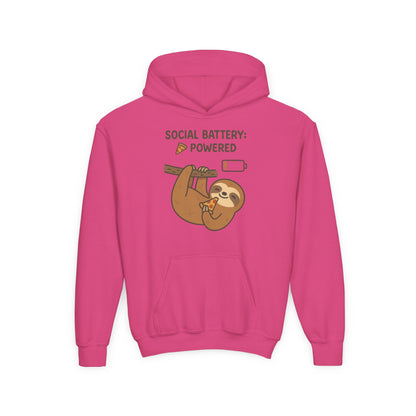 Funny Sloth Hooded Sweatshirt, Youth Hoodie, Cute Gift for Kids, Social Battery Powered Sweatshirt, Fun Apparel for Teens